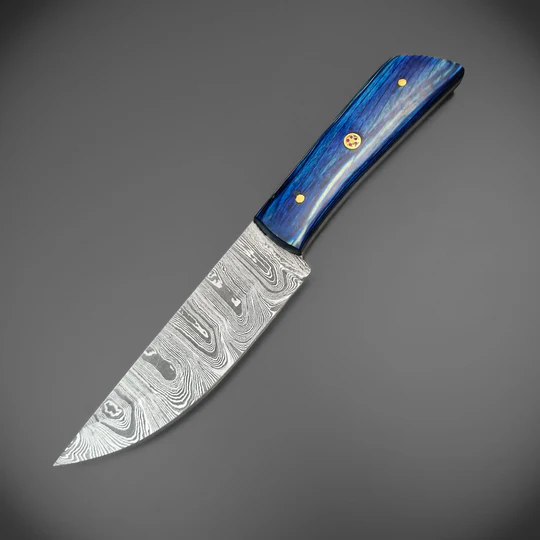 Cobalt Damascus Hunter Knife – Blue Wood & Leather Sheath