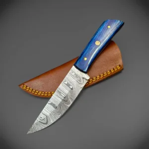 Cobalt Damascus Hunter Knife – Blue Wood & Leather Sheath