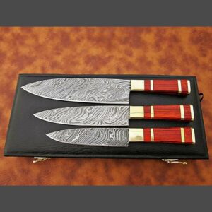 3-Piece Damascus Chef Knife Set – Rosewood & Brass