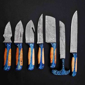 7-Piece Damascus Knife Set – Blue Resin & Olive Handle