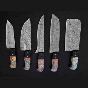 5-Piece Damascus Chef Knife Set – Resin-Wood Handles