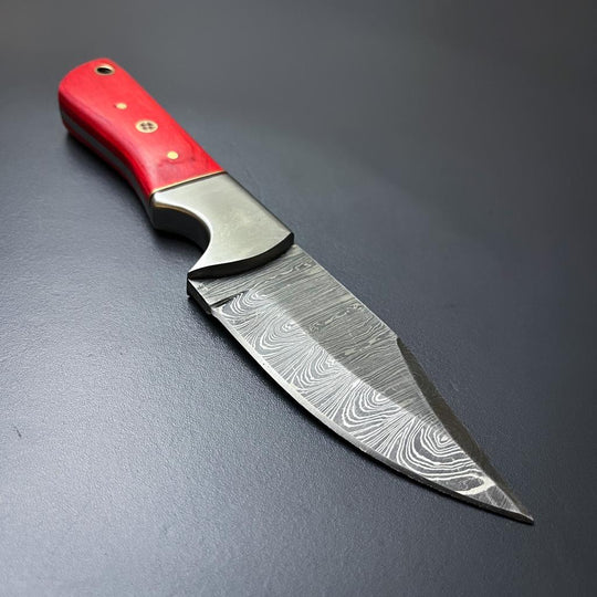 Crimson Damascus Clip Point Knife – Red Wood Handle