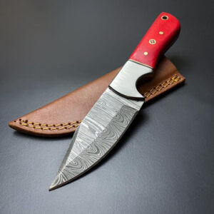 Crimson Damascus Clip Point Knife – Red Wood Handle