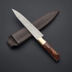 Damascus Knife with Burl Wood Handle Deluxe Brown
