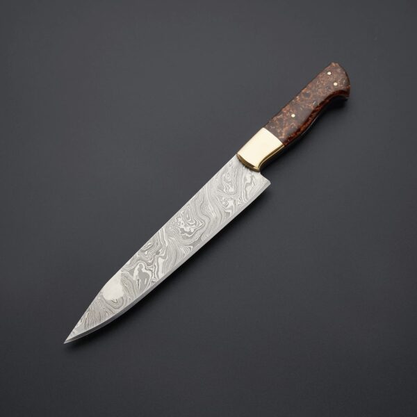 Damascus Knife with Burl Wood Handle Deluxe Brown