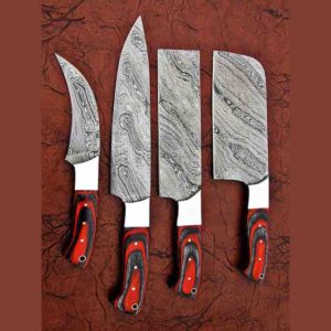 4-Piece Damascus Chef Knife Set – Red Pakkawood