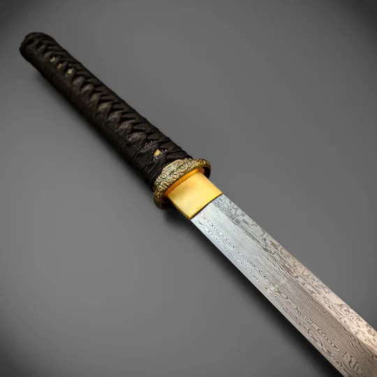 Damascus Chokutō Katana – Straight Blade & Brass Guard